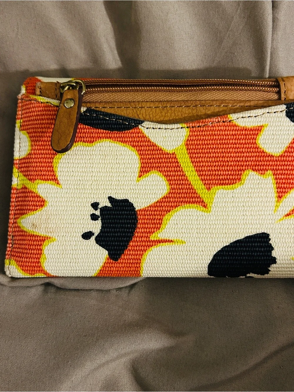 Canvas Floral Zip Wallet in Orange & Cream